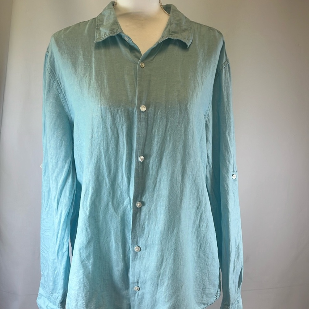 Perry Ellis Linen-Cotton Blend Button-Down Aqua Sea Blue Roll-Sleeve Shirt Sz XL